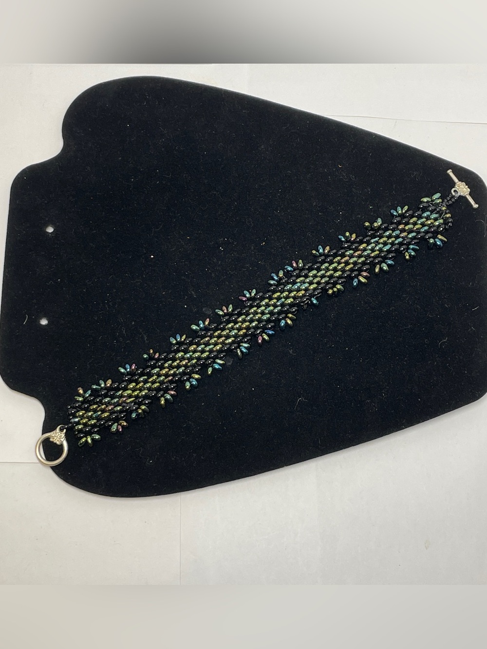 Artisan Woven Beaded Cuff Bracelet Peacock Iridescent Toggle Ogalala Lace 8.5”